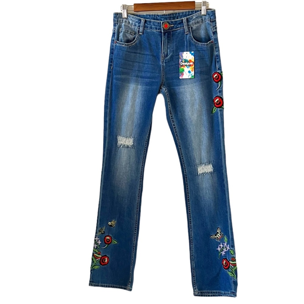 Desigual Blue Straight-Leg Embroidered Floral Jeans